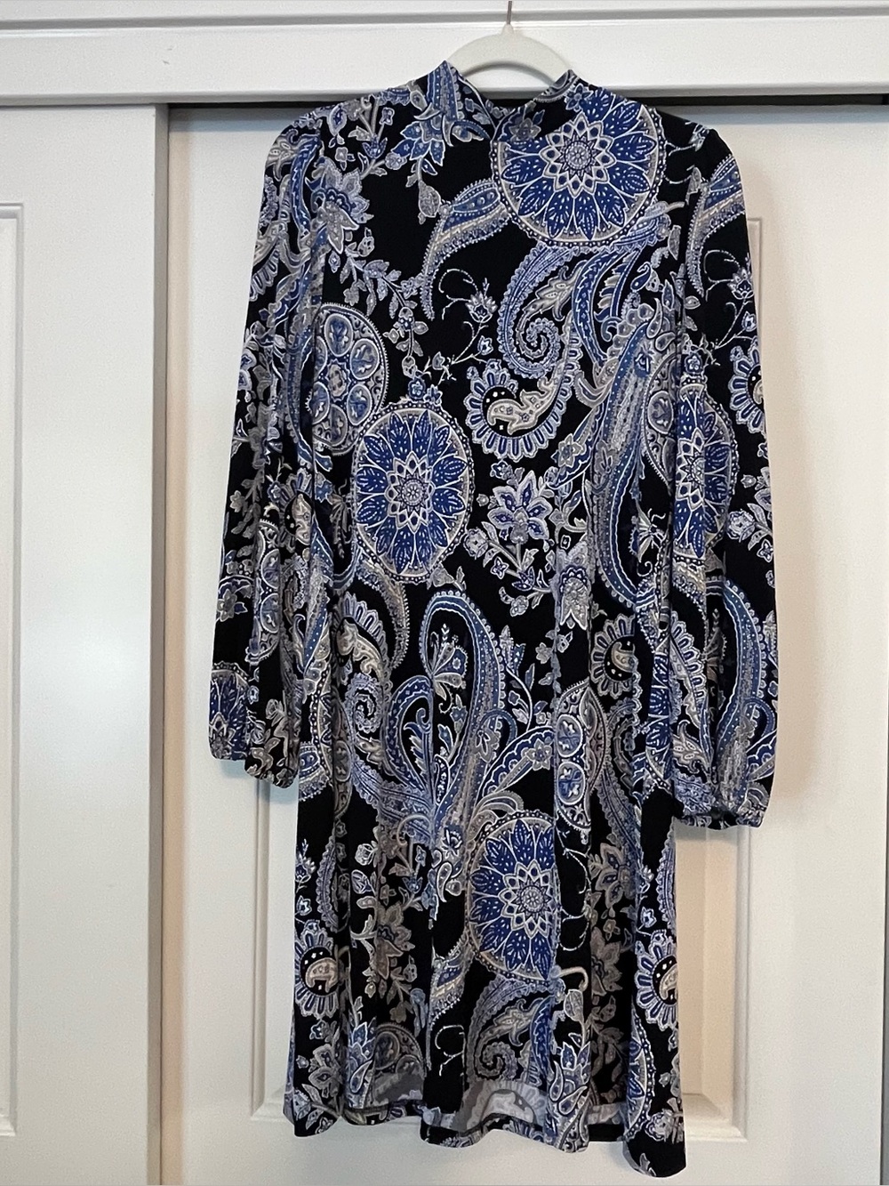 Robbie Bee Black and Blue Paisley Long-Sleeve Dress